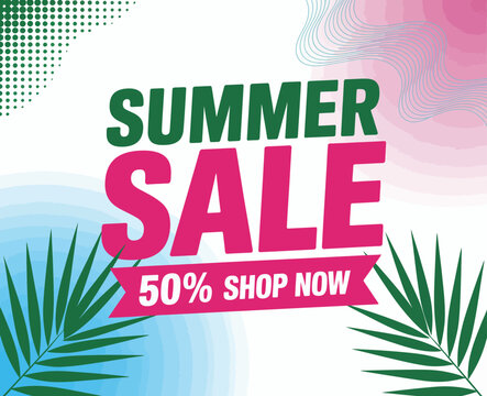 This vibrant promotional image highlights a Summer Sale with 50% discounts, featuring bright colors and energetic graphics to attract customers and boost engagement. - Powered by Adobe