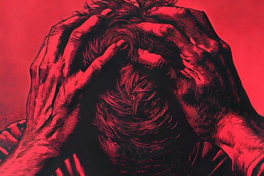 Ilustraci&oacute;n de cabeza y manos en rojo y negro, Imagen para campa&ntilde;a de salud mental, Gr&aacute;fico para art&iacute;culo sobre estr&eacute;s y ansiedad, Persona angustiada con manos en la cabeza, arte conceptual