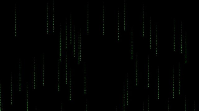 Green digital rain falling on black background representing a cybersecurity data breach or computer hacking animation