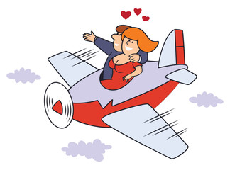Beautiful couple flying a romantic airplane getaway.