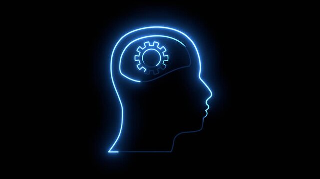 Human head with gear wheels inside. Productivity, effectiveness concept. Intelligence and knowledge development with brain performance. Gear or technical wheel as thoughts. Neon glowing.