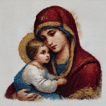 Bordado de la Virgen Mar&iacute;a con el ni&ntilde;o Jes&uacute;s, Detalle de tapiz religioso con Mar&iacute;a y Jes&uacute;s, Arte sacro bordado, estilo cl&aacute;sico
