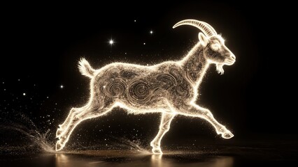 Glowing Magical Goat Running Against Black Background with Sparkles