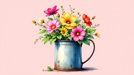 Colorful Flower Arrangement in Vintage Metal Watering Can