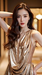 Elegant Woman in Sparkling Dress Pose with Wavy Hair and Makeup