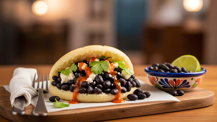 Delicious arepa filled with black beans, sour cream, and salsa on a wooden board