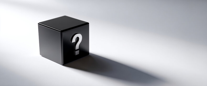 Black cube with a silver question mark casting a long shadow on a white surface symbolizing mystery and uncertainty in a minimalist setting