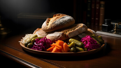 A vibrant platter of freshly baked bread and assorted pickled vegetables on a wooden table