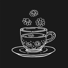 Glass cup of tea, chamomile. Hand drawn vector illustration in outline style.