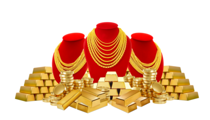 Gold necklace hung on a red stand, alongside gold bars and gold coins isolated on white background.
