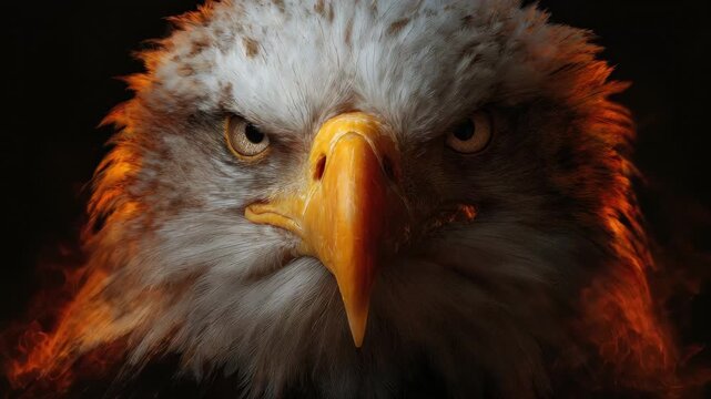 Fiery bald eagle head portrait intense gaze, Fierce gaze of a bald eagle in a head portrait, showcasing its fiery colors and intricate feather details