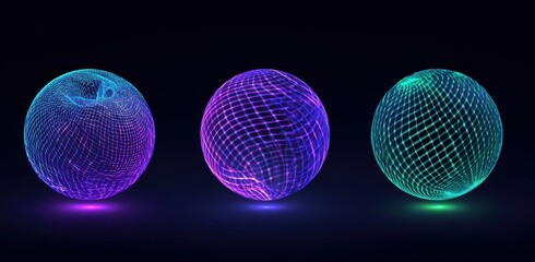 Three glowing, abstract spheres with interconnected lines