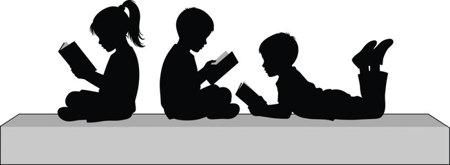 Children reading silhouettes, black figures, literacy theme, educational posture, book lovers, study icons, learning concept, reading kids, quiet moment