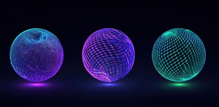 Three glowing, abstract spheres with interconnected lines - Powered by Adobe