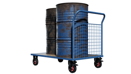 Rusty industrial barrels on blue metal cart with wheels