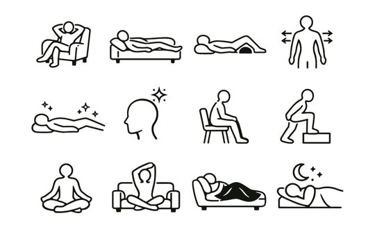 Recovery evening body effort ease icon cue rest low vector relaxation icons