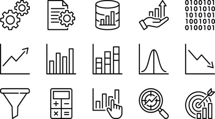Business analytics line icon set showing data charts, statistics, growth analysis, reporting tools and performance metrics for modern companies