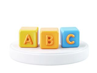 Colorful alphabet blocks on white pedestal isolated on transparent background