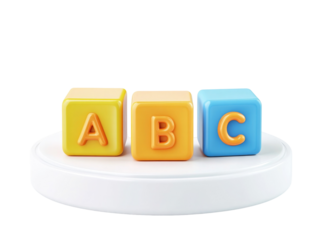 Colorful alphabet blocks on white pedestal isolated on transparent background