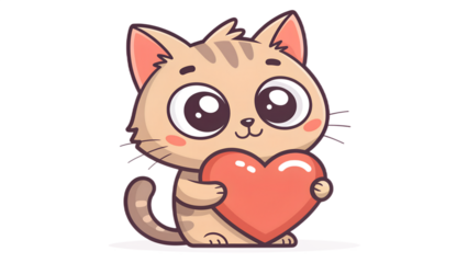 Cute Cat Holding Heart Kawaii Valentine Love Illustration  cat, kitten, heart, love, valentine, kawaii, cute, adorable, cuddly, kitty, feline, romance, hug, pink, blush, cartoon, chibi, sweet, lovely,