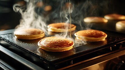Delicious pancakes cooking on elevated griddle surface with steam rising in commercial kitchen setting for breakfast or brunch