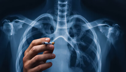 Man holding lit cigarette with chest x-ray and smoke in background, illustrating the harmful effects of smoking on lung health and respiratory system.