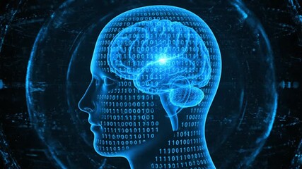 Conceptual digital brain silhouette with binary code - Powered by Adobe