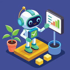 A friendly robot presents data analysis with a growing plant in a colorful scene