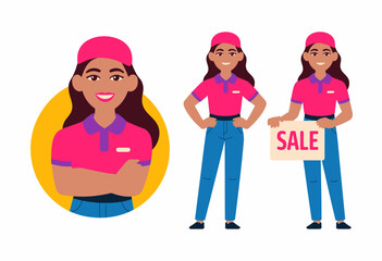 This cheerful illustration features a salesgirl proudly showcasing a 'SALE' sign, emphasizing her welcoming demeanor and the exciting atmosphere in a retail environment.