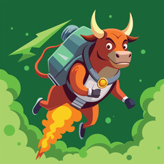 A cartoon bull astronaut soars through space with a jetpack and fiery exhaust