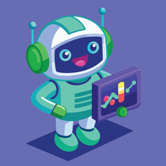 A friendly cartoon robot presenting data analysis on a small digital screen display