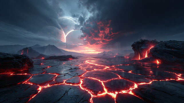 Molten Lava Texture Background. Burning Floor - Armageddon or Hell Concept.  3D Render. 3D Illustration.
