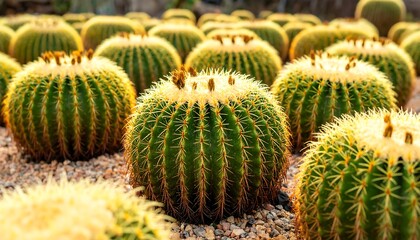 Golden Barrel Cacti Field in a Botanical Garden.