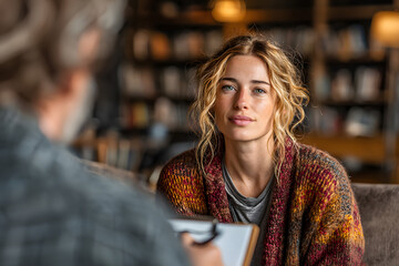 Private therapy session: therapist taking notes while client speaks in a warm, cozy office — emotional support, active listening, and mental health care
