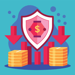 Financial security concept with shield declining charts and stacks of money illustrated
