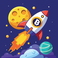 A cartoon rocket ship with a bitcoin symbol flies towards the moon and planets