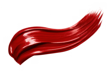 Vibrant red glossy paint creating a dynamic brush stroke, offering a textured and artistic abstract swirl with a clean edge