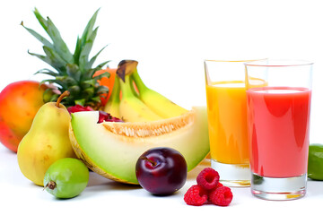 Fruit drink with berries and citrus on bright background. Beverage and food concept for advertising and branding.