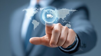 Businessman Interacting with Digital Logistics Interface Featuring Global Map and Truck Icon for Transportation and Supply Chain Management
