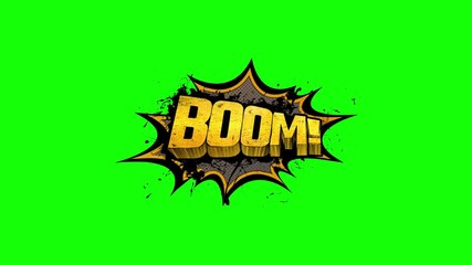 Boom comic style explosion animation with golden 3d letters and grunge splatters isolated on transparent background. - Powered by Adobe