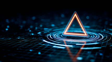 Glowing triangular alert icon over concentric rings on a grid surface representing real time fraud prevention and anomaly detection