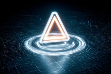 Glowing triangular alert icon over concentric rings on a grid surface representing real time fraud prevention and anomaly detection