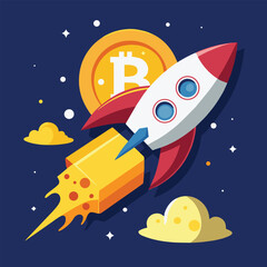 A rocket ship launching towards a bitcoin and golden coins in the night sky