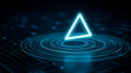 Glowing triangular alert icon over concentric rings on a grid surface representing real time fraud prevention and anomaly detection