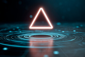 Glowing triangular alert icon over concentric rings on a grid surface representing real time fraud prevention and anomaly detection
