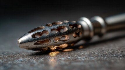 Close-up of a metal drill bit with holes on a dark surface