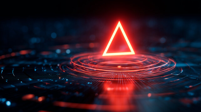 Glowing triangular alert icon over concentric rings on a grid surface representing real time fraud prevention and anomaly detection - Powered by Adobe