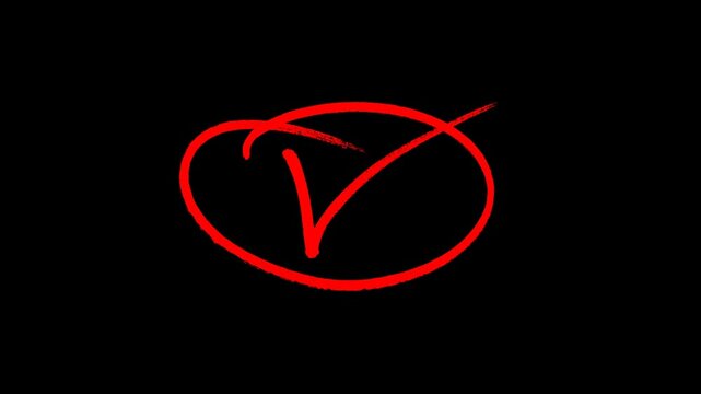Hand drawn red checkmark inside an oval frame on black background symbolizing success approval and task completion for creative business video presentations and tutorials.
