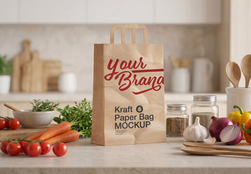 Paper bag with groceries on counter