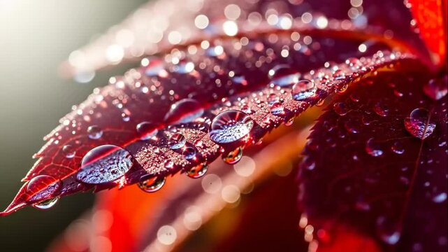 Macro shot of water droplets on a vibrant red leaf in the morning sun.